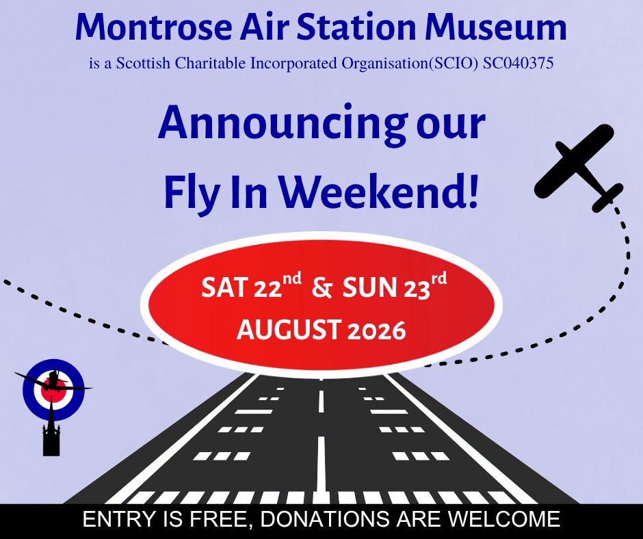 Promotional poster for Montrose Air Station Museum announcing a Fly-In Weekend on 22 and 23 August 2026, featuring a stylised runway, an aircraft silhouette, aviation-themed graphics and text stating that entry is free and donations are welcome.