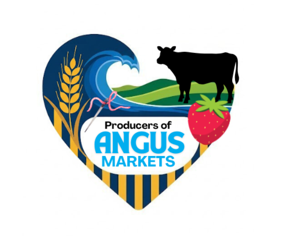 A heart-shaped logo for "Producers of Angus Markets." The heart is divided into sections with various illustrations. The left side of the heart has a yellow section with a stalk of grain. The top has a blue wave and a needle with pink thread. The right side has a green hill and a black silhouette of a cow, with a large strawberry in the foreground. The center of the heart contains the text "Producers of" in black and "ANGUS MARKETS" in large blue letters with a yellow outline.