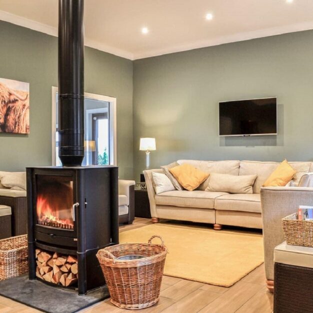 A cozy living room with a black wood-burning stove in the foreground. A large canvas print of a highland cow hangs on the light sage-green wall. A beige couch and a television are visible in the background, along with two wicker baskets on the floor.