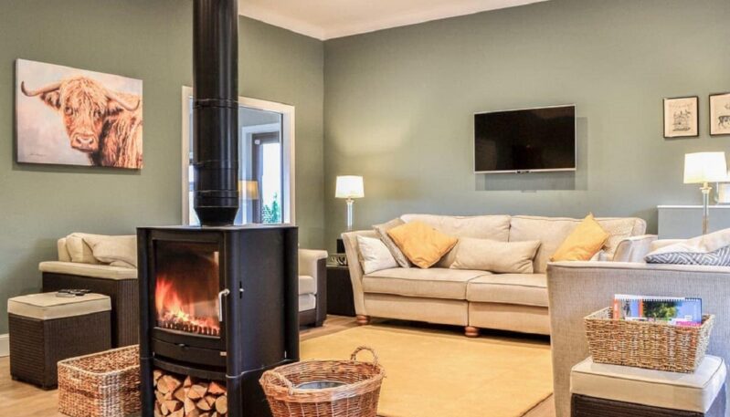 A cozy living room with a black wood-burning stove in the foreground. A large canvas print of a highland cow hangs on the light sage-green wall. A beige couch and a television are visible in the background, along with two wicker baskets on the floor.