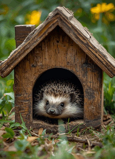 A hedgehog peeks out from the entrance of a small, wooden birdhouse or shelter. The hedgehog's spiky brown and white quills are visible, along with its dark eyes and nose. The wooden house has a sloped roof and a rounded archway. The shelter is on a bed of green grass and leaves, with yellow flowers and more green foliage in the soft-focus background.