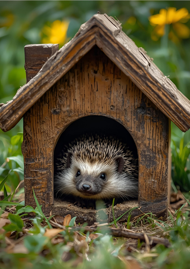 A hedgehog peeks out from the entrance of a small, wooden birdhouse or shelter. The hedgehog's spiky brown and white quills are visible, along with its dark eyes and nose. The wooden house has a sloped roof and a rounded archway. The shelter is on a bed of green grass and leaves, with yellow flowers and more green foliage in the soft-focus background.