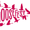 A graphic logo for "GOOSEFEST" against a black background. The letters are a dark pink with a white outline. Silhouettes of pink geese in flight are scattered around and woven into the letters.