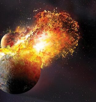 An artistic rendering of a planetary collision in space. A large, dark-colored planet is being struck by a smaller one, creating a massive explosion of bright orange and yellow fire, debris, and light. The background is a dark starry sky.