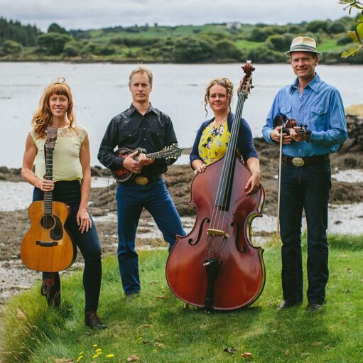 A full-length outdoor group portrait of the Foghorn Stringband. Four people stand in a grassy area with a body of water and rolling hills in the background. From left to right: a woman with long hair holds an acoustic guitar, a man holds a mandolin, a woman holds a large upright bass, and a man in a hat holds a fiddle.