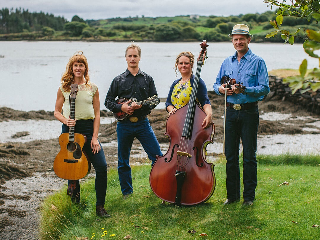 A full-length outdoor group portrait of the Foghorn Stringband. Four people stand in a grassy area with a body of water and rolling hills in the background. From left to right: a woman with long hair holds an acoustic guitar, a man holds a mandolin, a woman holds a large upright bass, and a man in a hat holds a fiddle.