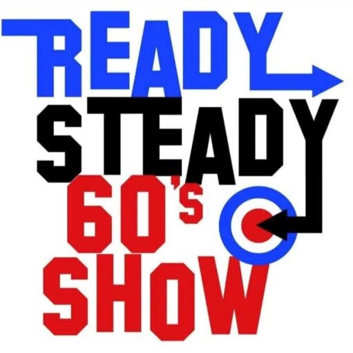A bold, graphic logo for a show titled "READY STEADY 60's SHOW", set against a white background using the primary colors blue, black, and red. "READY" is in large blue block letters with an arrow pointing right. "STEADY" is in large black block letters. "60's" is in smaller red letters, and "SHOW" is in large red block letters below it. A Mod-style target symbol in blue, white, and red with a black arrow pointing into the center is integrated into the letters "60's" and "SHOW."