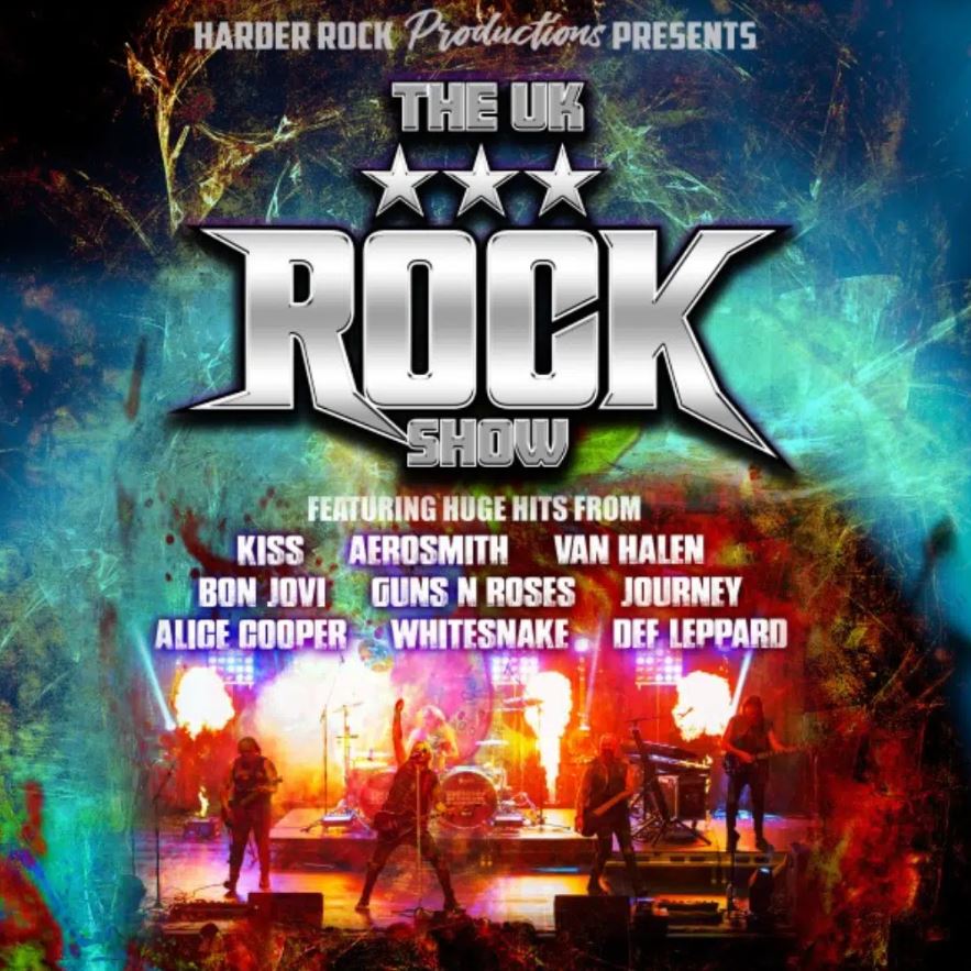 A dramatic concert poster for "THE UK ROCK SHOW" presented by Harder Rock Productions. The title is in large, metallic block letters with three stars above it. The background features a live band on stage with flames and dramatic lighting, set against a chaotic, dark, and brightly colored abstract texture. The poster lists bands whose hits will be featured in the show: KISS, AEROSMITH, VAN HALEN, BON JOVI, GUNS N ROSES, JOURNEY, ALICE COOPER, WHITESNAKE, and DEF LEPPARD.