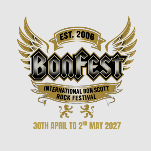Official logo for Bonfest, the International Bon Scott Rock Festival, featuring golden wings, two rampant lions, and the dates set for 30th April to 2nd May 2027.