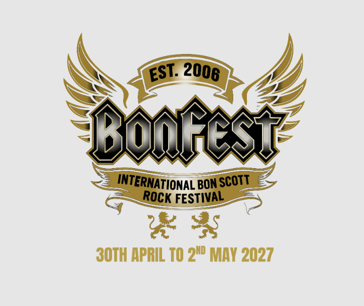 Official logo for Bonfest, the International Bon Scott Rock Festival, featuring golden wings, two rampant lions, and the dates set for 30th April to 2nd May 2027.