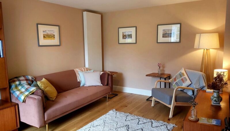 Cosy living room with a pink velvet sofa, a gray armchair, and wood floors.