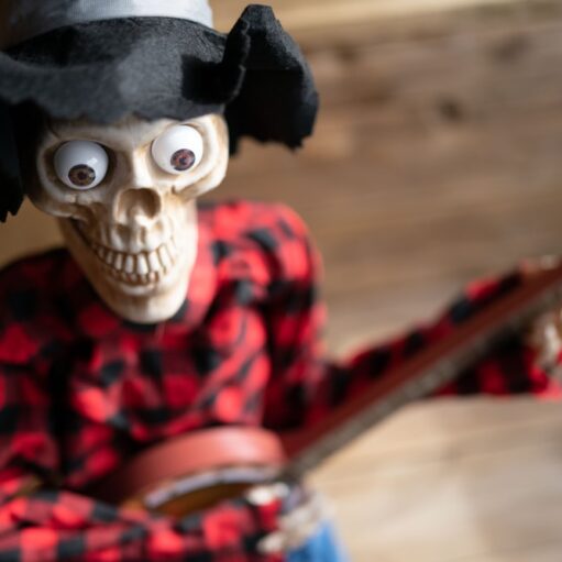A spooky skeleton decoration wearing a black top hat and a red and black plaid shirt is depicted playing a small guitar. The background is wooden panelling.