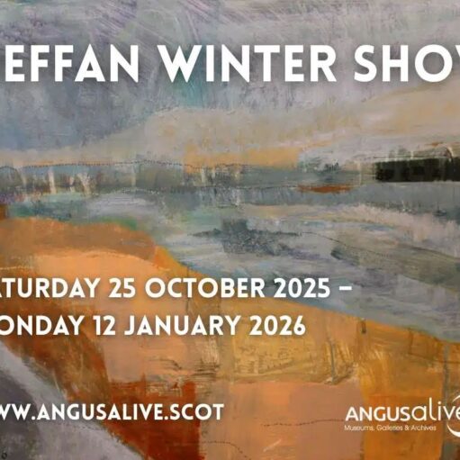 A promotional image for the MEFFAN WINTER SHOW featuring a textured, abstract painting with muted blues, greys, and warm ochre tones. The text overlay reads: "MEFFAN WINTER SHOW" and the dates: "SATURDAY 25 OCTOBER 2025 – MONDAY 12 JANUARY 2026". The website "WWW.ANGUSALIVE.SCOT" and the Angus Alive logo are at the bottom.