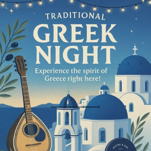 A promotional graphic for a "TRADITIONAL GREEK NIGHT" event. The illustration features classic blue and white Greek architecture (domed churches), a bouzouki musical instrument on the left, an olive branch, and a string of fairy lights at the top, all against a blue sky background. The text reads: "Experience the spirit of Greece right here!" and includes the logo for "ANDREOU'S BISTRO & BAR" at the bottom right.