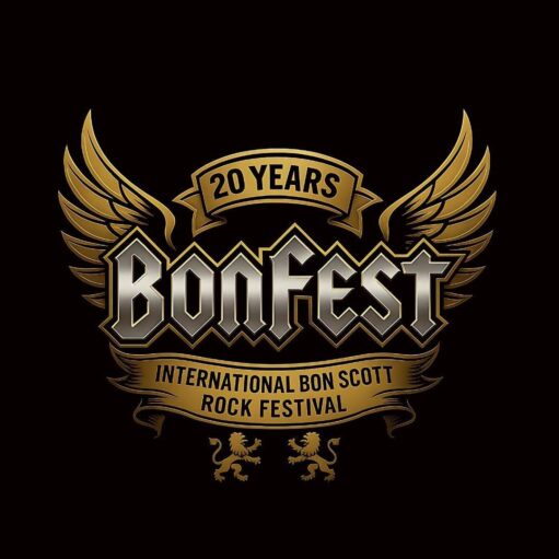A graphic logo for the Bonfest International Bon Scott Rock Festival, celebrating "20 YEARS". The logo is stylized in a heavy metal/rock aesthetic with silver, black, and gold/bronze coloring, featuring large, stylized wings flanking the bold, metallic text "BONFEST." Banners above and below the main title read "20 YEARS" and "INTERNATIONAL BON SCOTT ROCK FESTIVAL." Two heraldic lions are at the bottom.