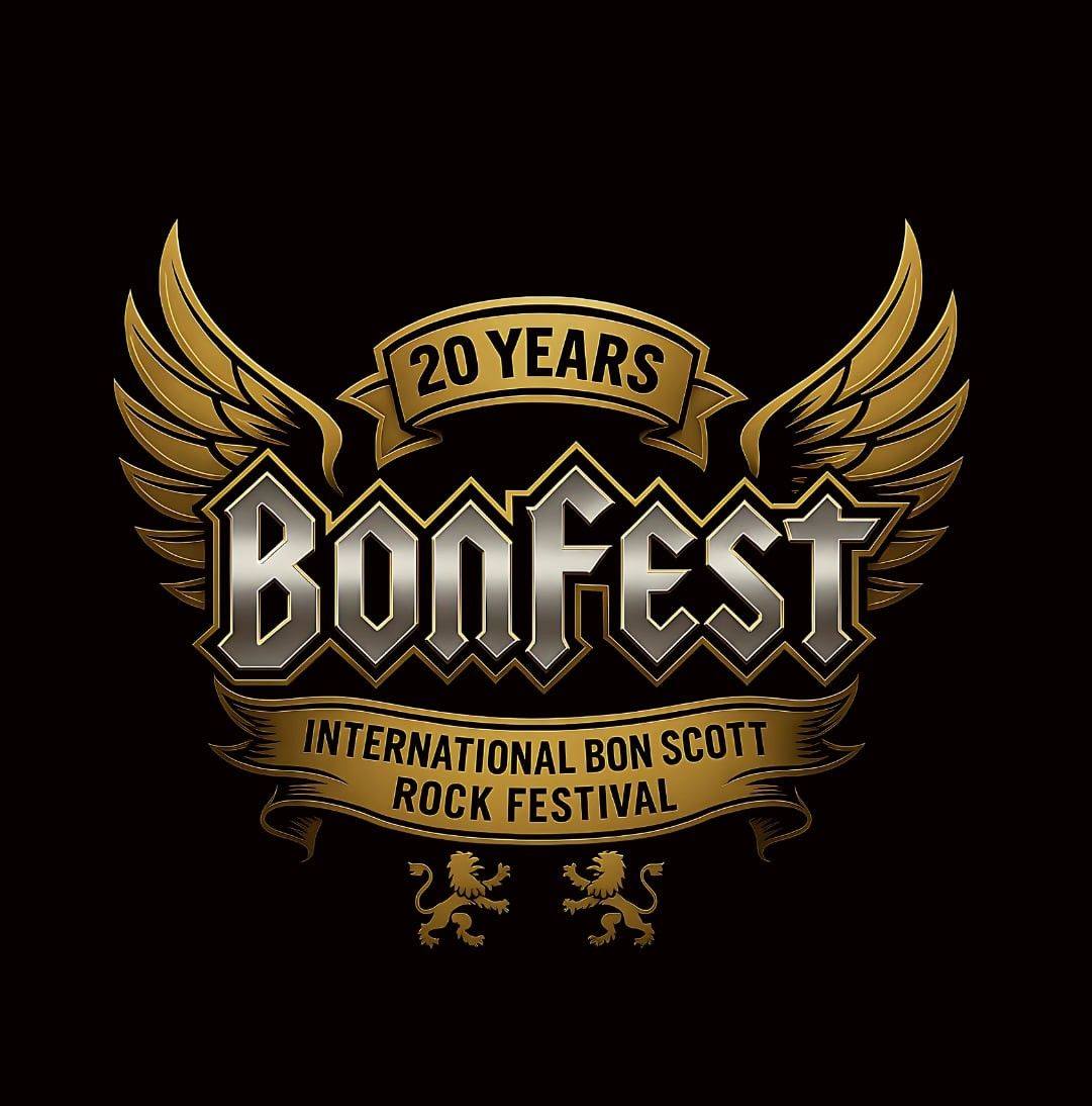 A graphic logo for the Bonfest International Bon Scott Rock Festival, celebrating "20 YEARS". The logo is stylized in a heavy metal/rock aesthetic with silver, black, and gold/bronze coloring, featuring large, stylized wings flanking the bold, metallic text "BONFEST." Banners above and below the main title read "20 YEARS" and "INTERNATIONAL BON SCOTT ROCK FESTIVAL." Two heraldic lions are at the bottom.