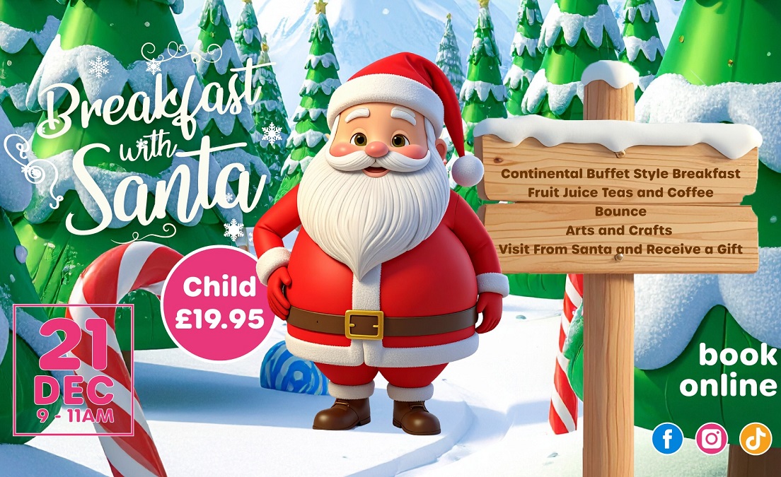 A brightly colored Christmas-themed promotional poster for a "Breakfast with Santa" event. The image features a large, friendly, cartoon-style Santa Claus standing in a snowy forest of green Christmas trees. To the right, a wooden sign lists the event details: Continental Buffet Style Breakfast, Fruit Juice Teas and Coffee, Bounce, Arts and Crafts, Visit From Santa and Receive a Gift. The date is 21 DEC, 9-11AM, and the price is Child £19.95. The poster encourages people to "book online."