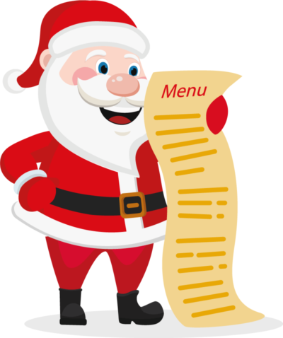 A happy, cartoon illustration of Santa Claus in his red suit, looking down and holding a long, rolled-out scroll of paper that says "Menu" at the top.