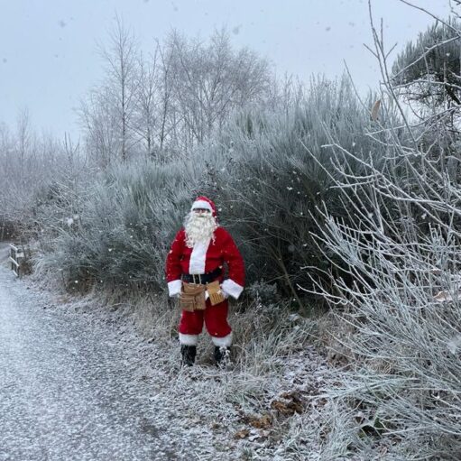 Person dressed as Santa Claus standing on a snowy path surrounded by frost-covered bushes and trees during a light snowfall in a winter landscape.