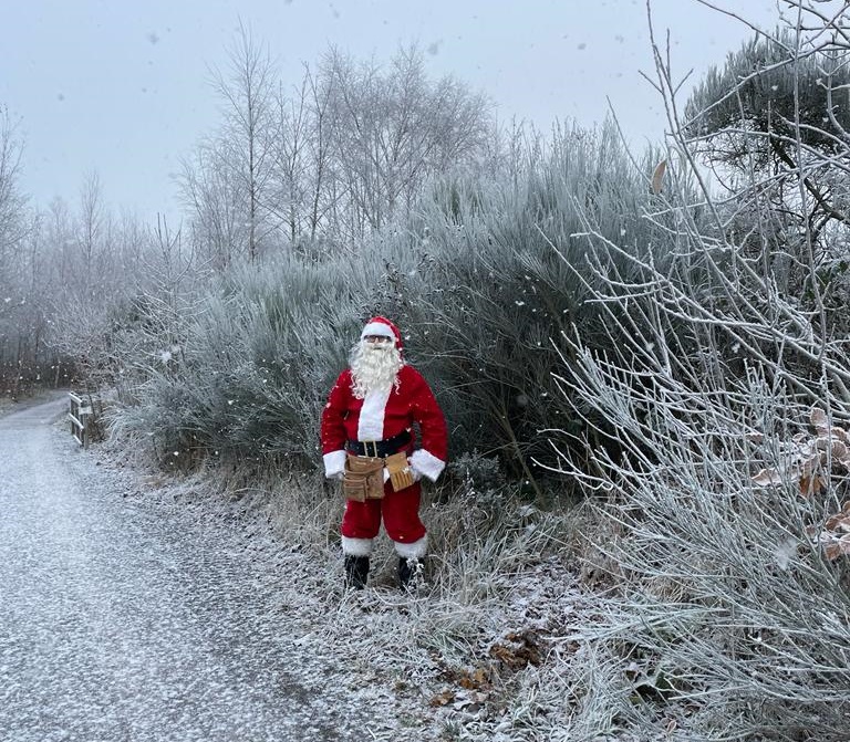 Person dressed as Santa Claus standing on a snowy path surrounded by frost-covered bushes and trees during a light snowfall in a winter landscape.
