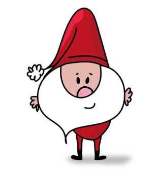 A whimsical cartoon drawing of Santa Claus stands front and center against a plain white background. Santa is depicted with a bright red, pointed hat, a rosy pink nose, and a large, fluffy white beard that extends around his face. He is wearing a red suit with black boots, and his small, rounded hands are visible on either side of his beard.