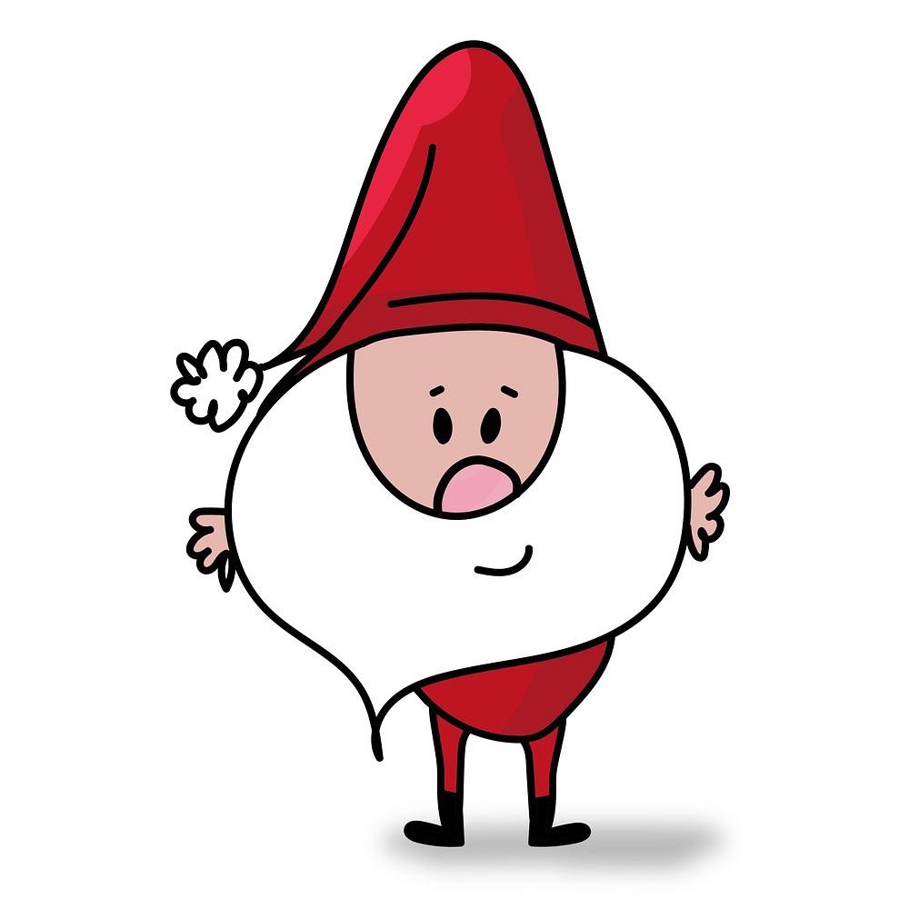 A whimsical cartoon drawing of Santa Claus stands front and center against a plain white background. Santa is depicted with a bright red, pointed hat, a rosy pink nose, and a large, fluffy white beard that extends around his face. He is wearing a red suit with black boots, and his small, rounded hands are visible on either side of his beard.