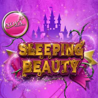 A theatrical poster for "Sleeping Beauty" features the title in sparkling golden letters with a magenta outline, set against a vibrant purple, glittery background. A dark purple silhouette of a fairytale castle is visible behind the title, and thorny green vines entwine around golden ribbons. In the upper left corner, a circular pink logo for "NOVA productions" is displayed.