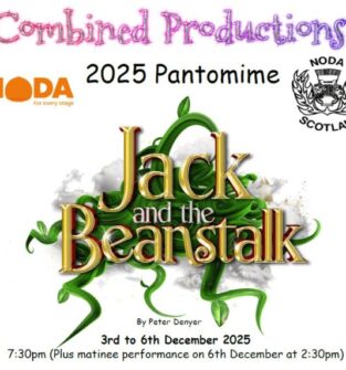 A colourful poster for the 2025 Pantomime "Jack and the Beanstalk" with the title text wreathed in green beanstalk vines, against a white background with performance details.