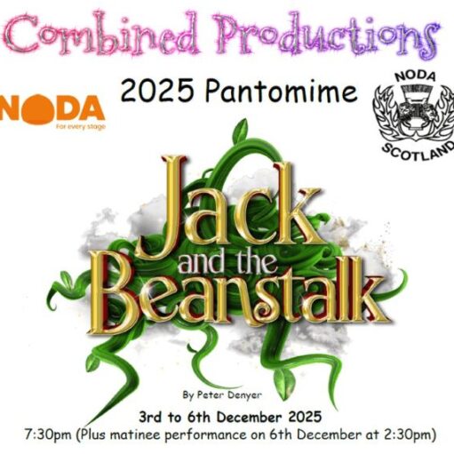 A colourful poster for the 2025 Pantomime "Jack and the Beanstalk" with the title text wreathed in green beanstalk vines, against a white background with performance details.