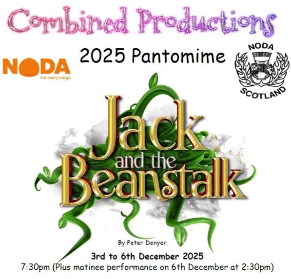 A colourful poster for the 2025 Pantomime "Jack and the Beanstalk" with the title text wreathed in green beanstalk vines, against a white background with performance details.