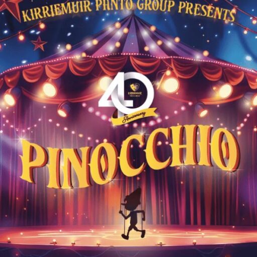 A theatrical poster for the Kirriemuir Panto Group's 40th Anniversary production of "Pinocchio." The golden, bold title is set on a circus stage with red velvet curtains and string lights, and a silhouette of Pinocchio walks on strings below the title.