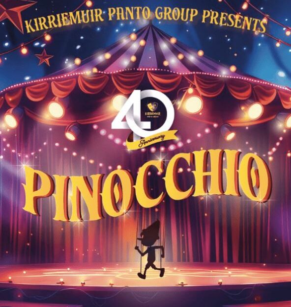 A theatrical poster for the Kirriemuir Panto Group's 40th Anniversary production of "Pinocchio." The golden, bold title is set on a circus stage with red velvet curtains and string lights, and a silhouette of Pinocchio walks on strings below the title.