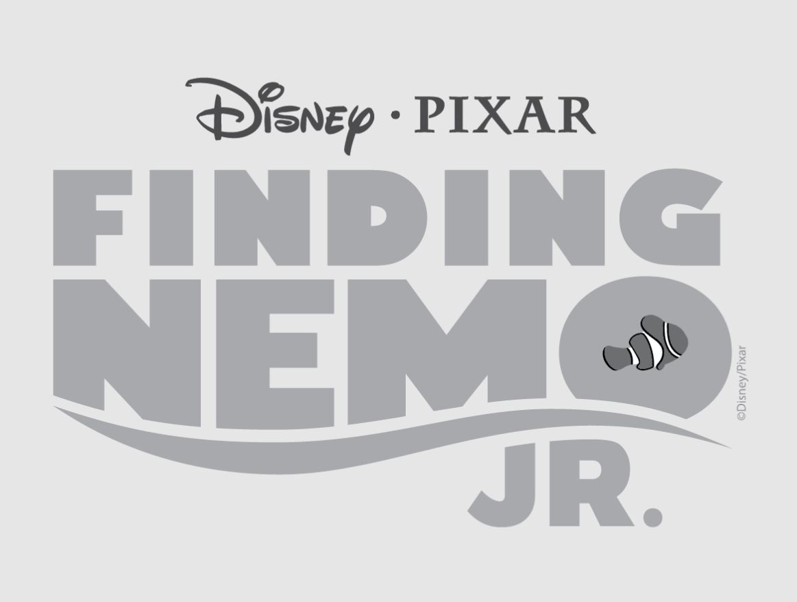 The title logo for the musical "Disney • Pixar Finding Nemo Jr." in large, bold gray text, with a small illustration of the clownfish Nemo next to the "NEMO" text.