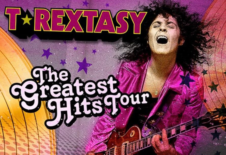 A colourful concert poster for the "T. Rextasy The Greatest Hits Tour" tribute band, featuring a performer who resembles Marc Bolan with a pink suit and long dark curly hair, singing while playing a guitar, against a purple and orange background with stars.
