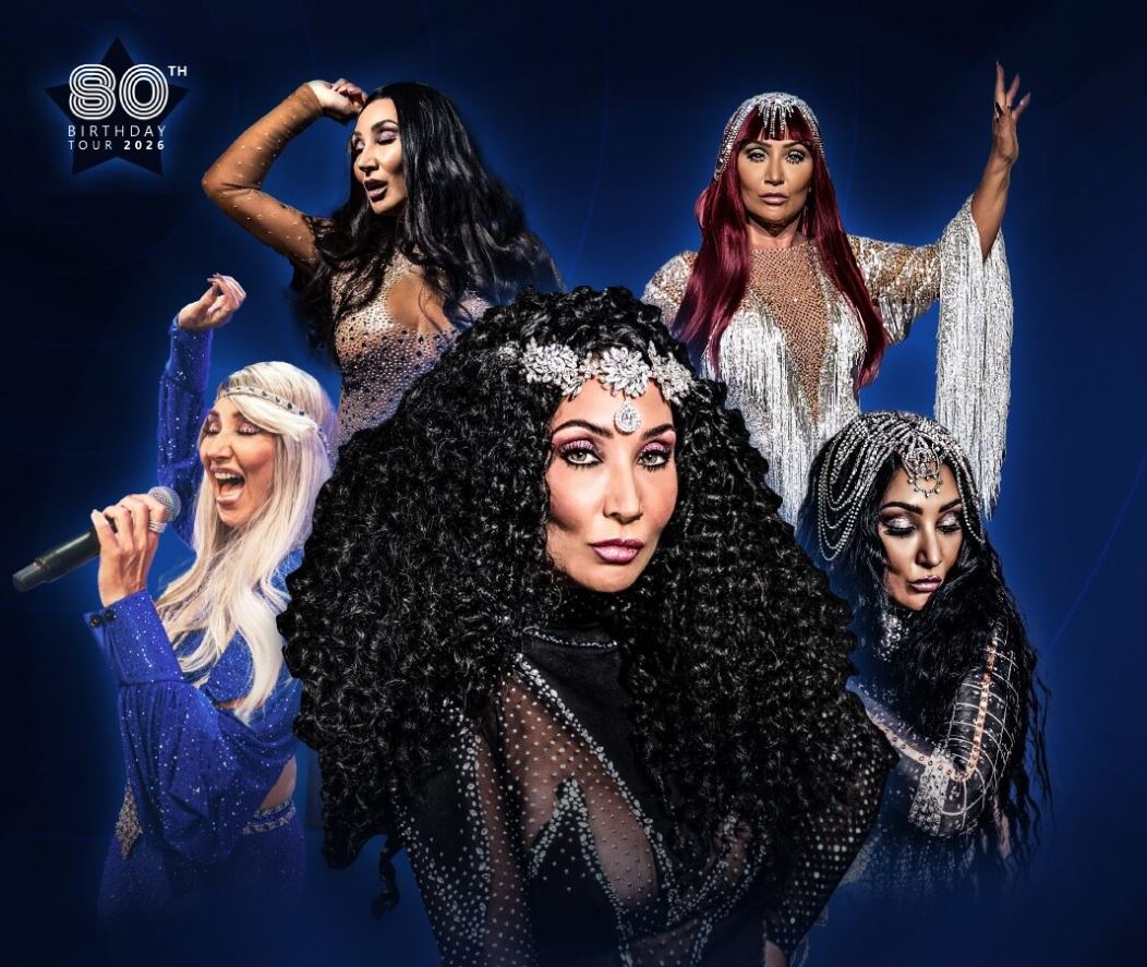 A dramatic promotional image for the "80th Birthday Tour 2026" tribute show, featuring five different women dressed as Cher in various iconic black, white, and blue sparkly costumes and wigs, set against a dark blue background.