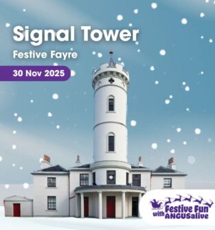 A promotional image for the "Signal Tower Festive Fayre" featuring a white, cylindrical stone tower building and surrounding houses under a simulated snowfall, with event details overlaid.