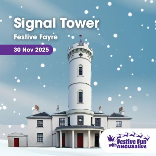 A promotional image for the "Signal Tower Festive Fayre" featuring a white, cylindrical stone tower building and surrounding houses under a simulated snowfall, with event details overlaid.