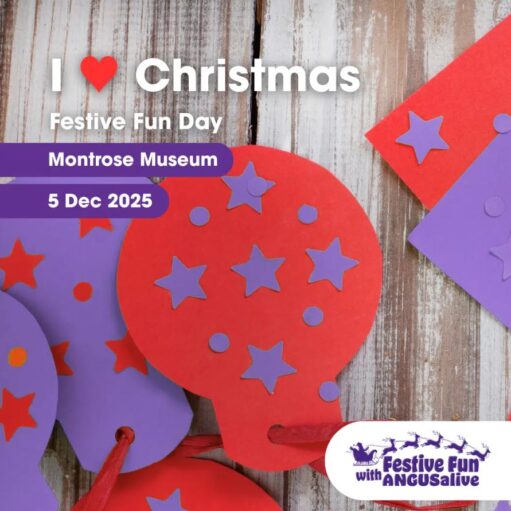 A close-up of a red paper craft Christmas ornament shape decorated with purple star cutouts, surrounded by other purple and red paper craft pieces, set on a light wood background, advertising a "I [heart] Christmas Festive Fun Day" at Montrose Museum.