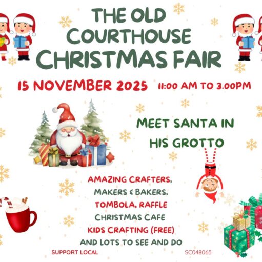 A Christmas Fair flyer with the title "The Old Courthouse Christmas Fair" for November 15, 2025, featuring images of Santa Claus, gift-carrying children, and various gifts and a holiday drink, listing activities like a grotto, crafters, tombola, raffle, and kids crafting (free), all against a white background with gold snowflakes.