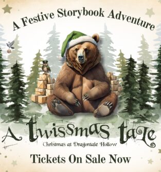 A whimsical poster for "A Twissmas Tale: Christmas at Dragontale Hollow," featuring a large brown bear wearing a green Santa hat, sitting amidst a pile of wrapped gifts in a watercolor forest of evergreen trees, with a bird delivering a letter nearby.