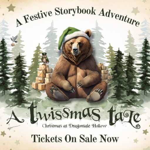 A whimsical poster for "A Twissmas Tale: Christmas at Dragontale Hollow," featuring a large brown bear wearing a green Santa hat, sitting amidst a pile of wrapped gifts in a watercolor forest of evergreen trees, with a bird delivering a letter nearby.