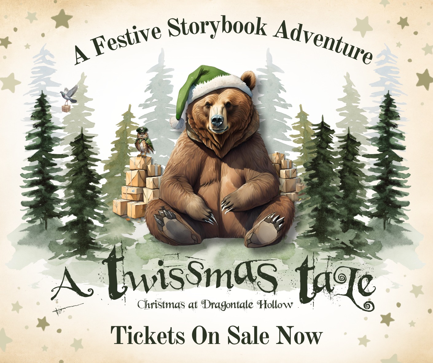 A whimsical poster for "A Twissmas Tale: Christmas at Dragontale Hollow," featuring a large brown bear wearing a green Santa hat, sitting amidst a pile of wrapped gifts in a watercolor forest of evergreen trees, with a bird delivering a letter nearby.