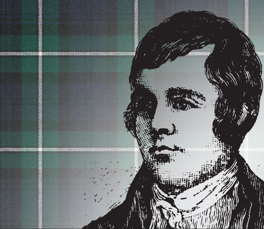 A stylized black-and-white illustration of the Scottish poet Robert Burns overlaid on a background of green and gray tartan (plaid).