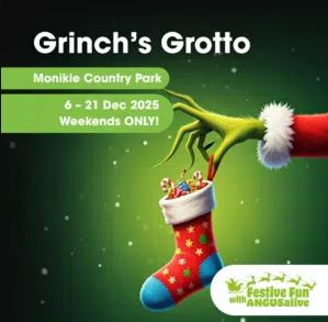 A dramatic promotional poster for "Grinch's Grotto" at Monikie Country Park, featuring a fuzzy green hand (the Grinch's) reaching down to steal candy canes and gifts from a red and blue Christmas stocking against a snowy, dark green background.