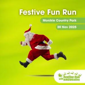 A promotional image for a "Festive Fun Run" featuring a person dressed in a complete Santa Claus costume mid-stride, running from left to right, set against a bright, lime-green background.