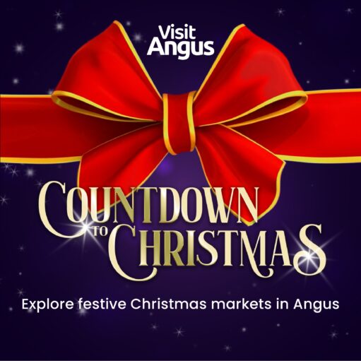 A graphic for "Visit Angus" advertising Christmas markets. The image features a large, realistic red bow with a gold trim against a dark purple, starry background. The text reads: "COUNTDOWN TO CHRISTMAS" in large gold script, with a smaller line below saying: "Explore festive Christmas markets in Angus."