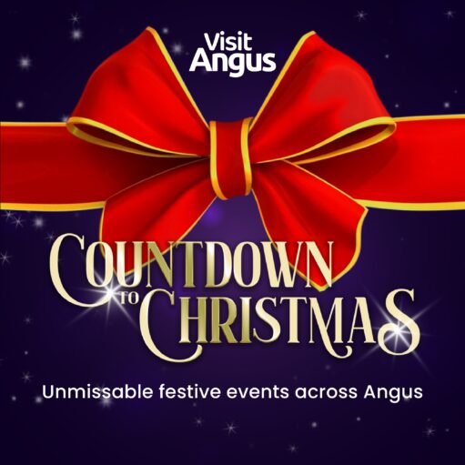 A graphic for "Visit Angus" advertising festive events. The image features a large, realistic red bow with a gold trim against a dark purple, starry background. The text reads: "COUNTDOWN TO CHRISTMAS" in large gold script, with a smaller line below saying: "Unmissable festive events across Angus."
