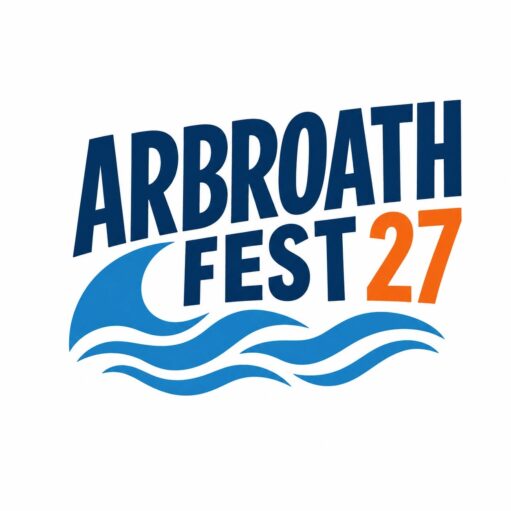 Graphic logo for "Arbroath Fest 27" featuring bold dark blue text, bright orange numbers, and stylized blue ocean waves sweeping across the bottom on a white background.