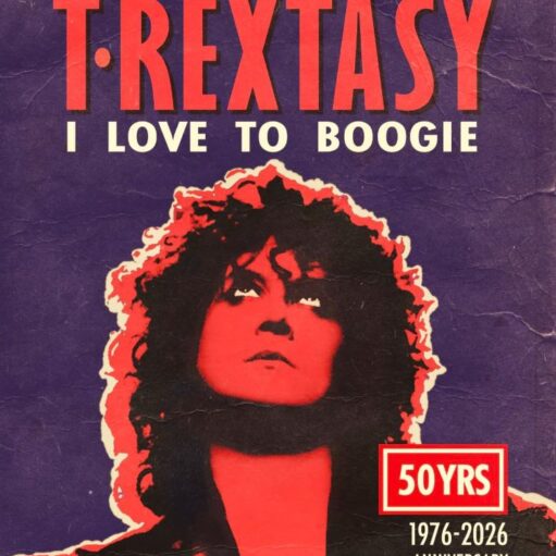 A retro-style concert poster for "T·Rextasy: I Love To Boogie." The poster features a stylized, high-contrast red and black portrait of a person with voluminous curly hair looking upward against a textured purple background. Bold red and white text at the bottom right marks the "50 YRS 1976-2026 Anniversary Tour." The top of the poster credits "SWE Productions Presents."