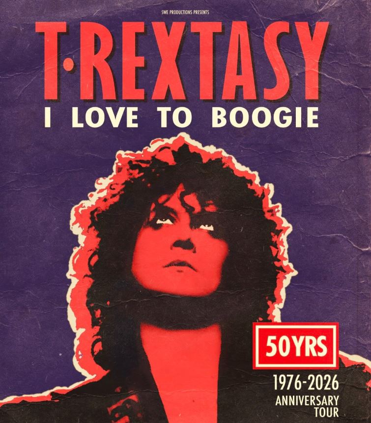 A retro-style concert poster for "T·Rextasy: I Love To Boogie." The poster features a stylized, high-contrast red and black portrait of a person with voluminous curly hair looking upward against a textured purple background. Bold red and white text at the bottom right marks the "50 YRS 1976-2026 Anniversary Tour." The top of the poster credits "SWE Productions Presents."